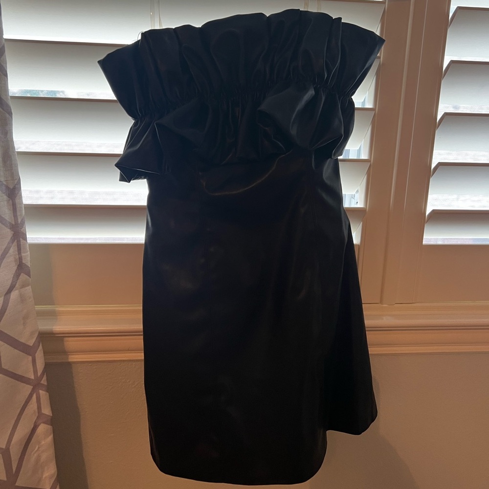 Black leather strapless dress